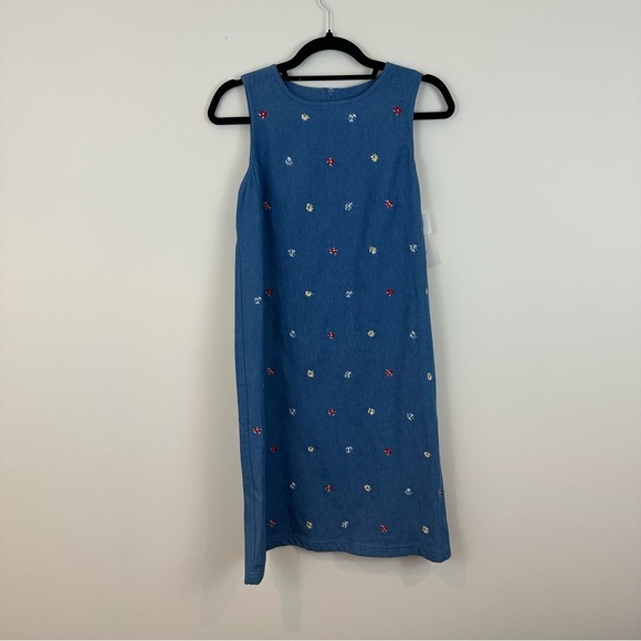 Vintage Dresses & Skirts - Vintage CLC | Blue Denim Sleeveless Dress with Floral Embroidery Size Small